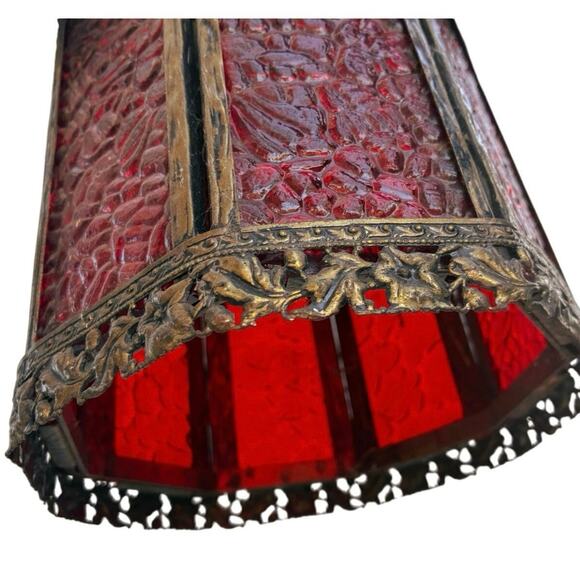 Pair Vintage 23” Red Glass Hanging Lantern Lamps – Spanish Revival Gothic - Picture 5 of 6